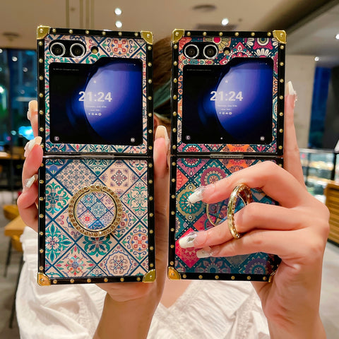 Luxuriöse, böhmische, faltbare Telefonhülle mit Ringhalter für Samsung Galaxy Z Flip 5/4/3 