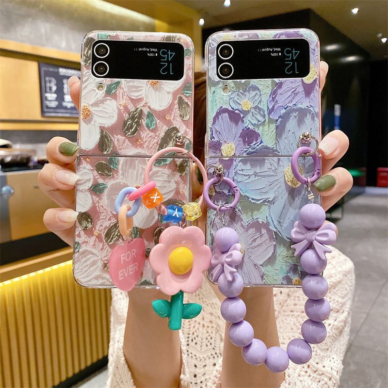 Süße Blumenmalerei Perlenkette Anhänger Handyhülle für Samsung Galaxy Z Flip3/4/5 5G