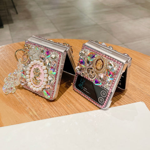 Luxuriöse Handyhülle mit Diamanten, Krone, Perle, Göttinnen-Portrait, mit Kettenhandschlaufe für Samsung Galaxy Z Flip 4 3 5G 