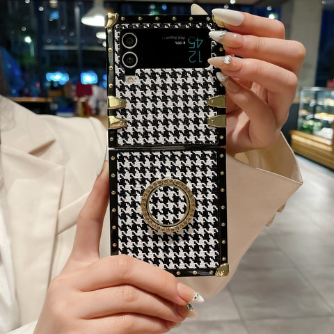 Luxury Houndstooth Diamond Ring Holder Square Phoe Case for Samsung Galaxy Z Flip 4 3 5G
