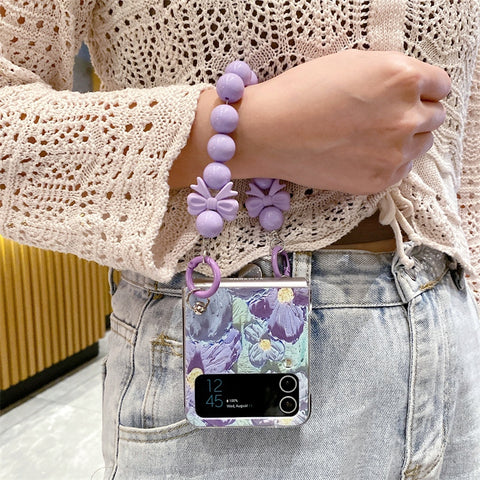 Cute Flower Painting Bead Chain Pendant Phone Case For Samsung Galaxy Z Flip3/4/5 5G