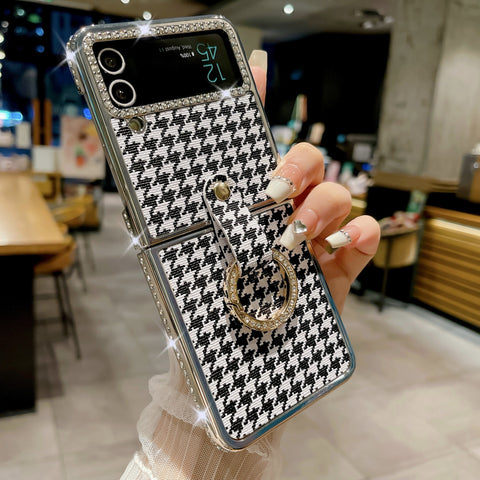 Luxury Slim Houndstooth Diamond Ring Holder Phone Case for Samsung Galaxy Z Flip 4 3 5G