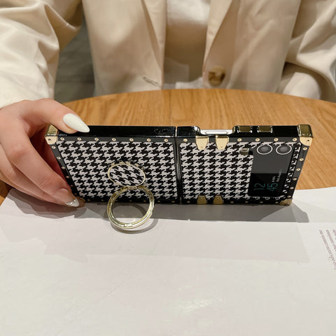 Luxuriöse quadratische Phoe-Hülle mit Hahnentritt-Diamantringhalter für Samsung Galaxy Z Flip 4 3 5G