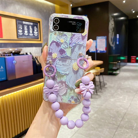 Cute Flower Painting Bead Chain Pendant Phone Case For Samsung Galaxy Z Flip3/4/5 5G