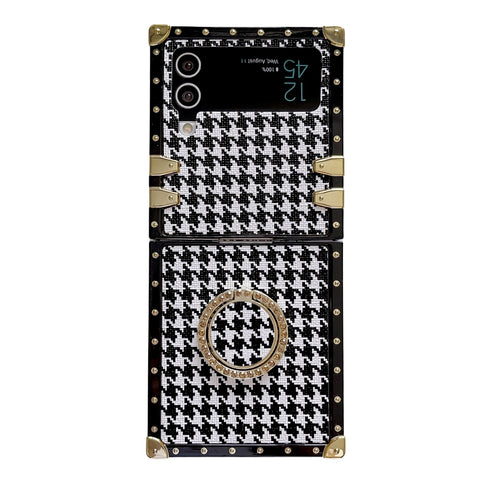 Luxury Houndstooth Diamond Ring Holder Square Phoe Case for Samsung Galaxy Z Flip 4 3 5G