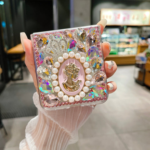 Luxuriöse Handyhülle mit Diamanten, Krone, Perle, Göttinnen-Portrait, mit Kettenhandschlaufe für Samsung Galaxy Z Flip 4 3 5G 