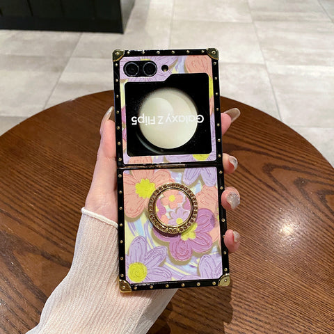 Luxury Square Flowers Oil Pianting Diamond Ring Holder Phone Case for Samsung Galaxy Z Flip 5/4/3