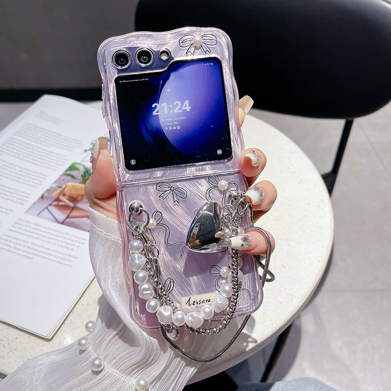 Luxury Wave Edge Bow Pearl Bracelet Phone Case For Samsung Galaxy Z Flip 5/4/3