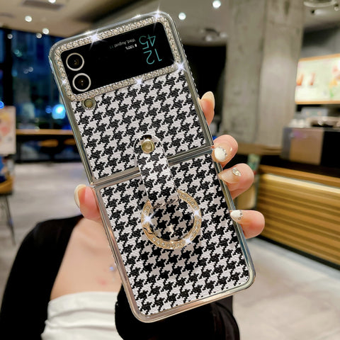 Luxuriöse, schlanke Handyhülle mit Hahnentrittmuster und Diamantringhalter für Samsung Galaxy Z Flip 4 3 5G
