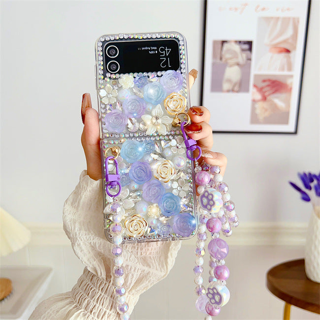 Unique Luxury Pearl Diamond Flower Beads Crossbody Phone Case for Samsung Galaxy Z Flip 4 3 5G