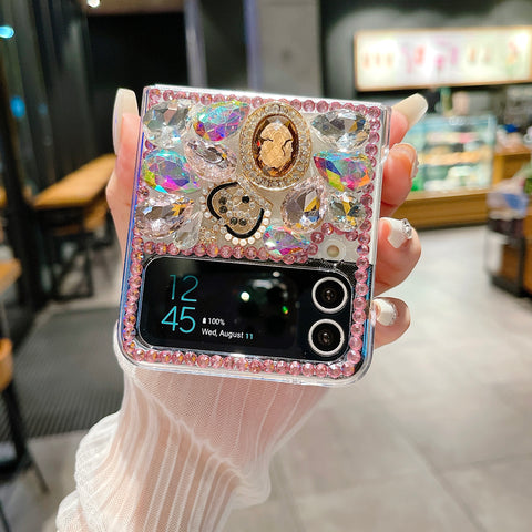 Luxury Diamonds Crown Pearl Goddess Portrait Phone Case with Chain Hand Strap for Samsung Galaxy Z Flip 4 3 5G