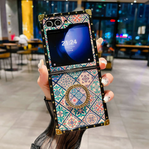 Luxuriöse, böhmische, faltbare Telefonhülle mit Ringhalter für Samsung Galaxy Z Flip 5/4/3 