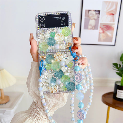 Unique Luxury Pearl Diamond Flower Beads Crossbody Phone Case for Samsung Galaxy Z Flip 4 3 5G