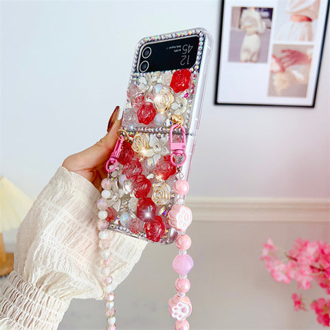 Einzigartige Luxus Perlen Diamant Blumen Perlen Crossbody Handyhülle für Samsung Galaxy Z Flip 4 3 5G