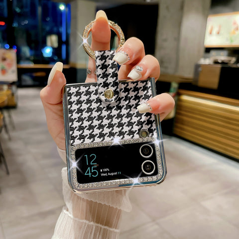 Luxuriöse, schlanke Handyhülle mit Hahnentrittmuster und Diamantringhalter für Samsung Galaxy Z Flip 4 3 5G