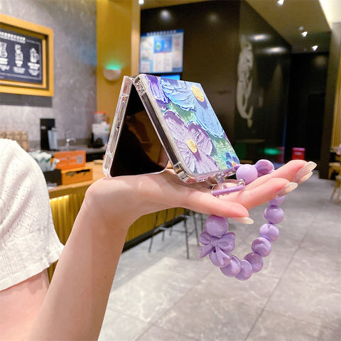 Süße Blumenmalerei Perlenkette Anhänger Handyhülle für Samsung Galaxy Z Flip3/4/5 5G