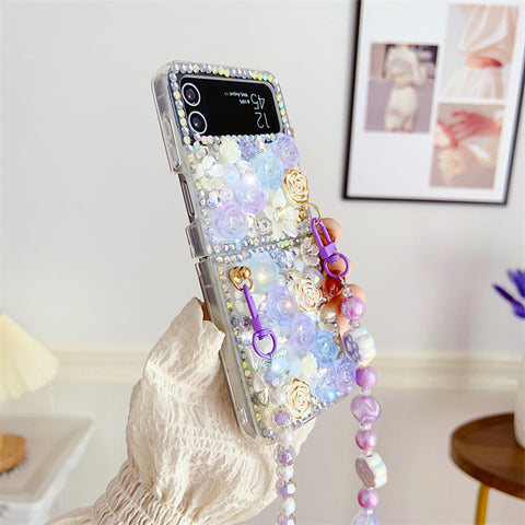 Einzigartige Luxus Perlen Diamant Blumen Perlen Crossbody Handyhülle für Samsung Galaxy Z Flip 4 3 5G