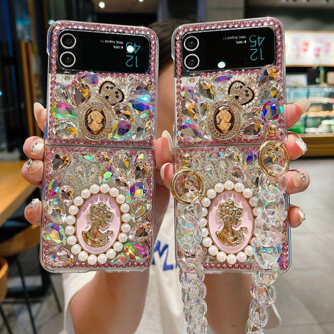 Luxury Diamonds Crown Pearl Goddess Portrait Phone Case with Chain Hand Strap for Samsung Galaxy Z Flip 4 3 5G