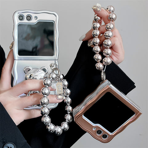 6D Plating Bear Hidden Stand Faltbare Hülle mit Perlen-Handschlaufe für Samsung Galaxy Z Flip 5/4/3