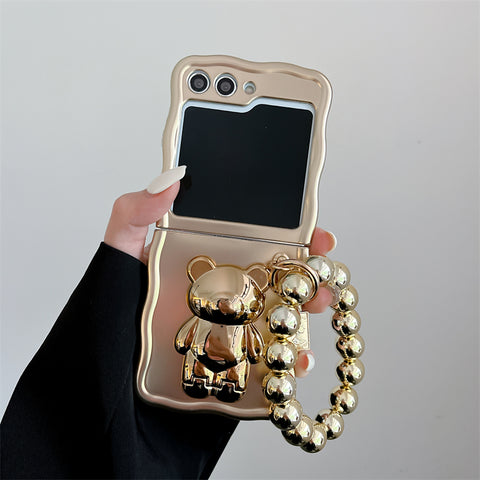 6D Plating Bear Hidden Stand Foldable Case with Beaded Hand Strap for Samsung Galaxy Z Flip 5/4/3