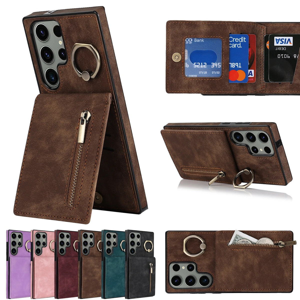 RFID Reißverschluss Kartenhalter Leder Brieftasche Handyhülle für Samsung 