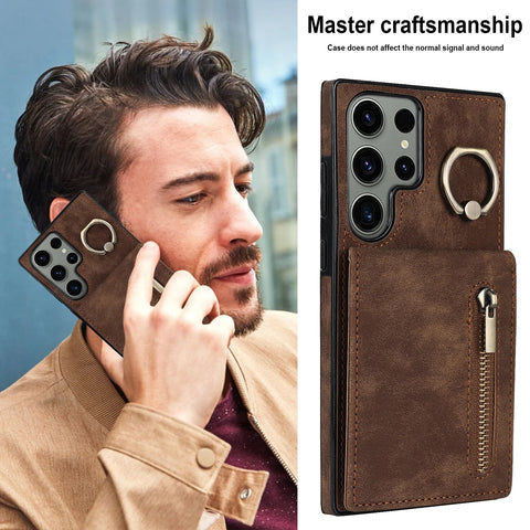 RFID Zipper Cards Holder Leather Wallet Phone Case For Samsung