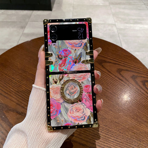 Luxury Laser Flower Square Punk Rivet Shockproof Phone Cover For Samsung Galaxy Z Flip 5/4/3