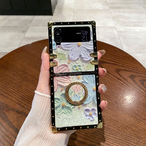Luxuriöse quadratische Blumen Ölgemälde Diamant Ringhalter Handyhülle für Samsung Galaxy Z Flip 5/4/3