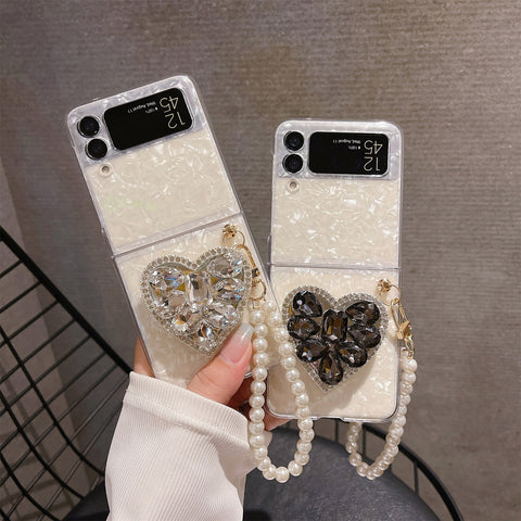 Luxury Glitter Heart Bracket Pearl Chaining Phone Case for Samsung Galaxy Z Flip 4 3 5G
