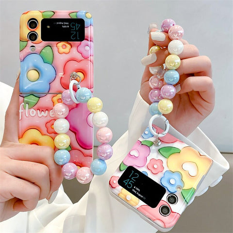Cute Flower Painting Color Bead Chain Pendant Phone Case For Samsung Galaxy Z Flip