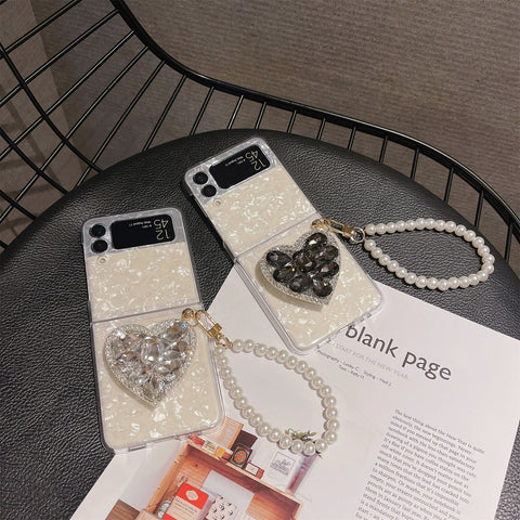 Luxury Glitter Heart Bracket Pearl Chaining Phone Case for Samsung Galaxy Z Flip 4 3 5G
