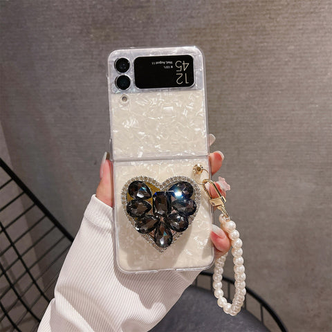 Luxus Glitter Herz Halterung Perle Verkettung Telefon Fall für Samsung Galaxy Z Flip 4 3 5G