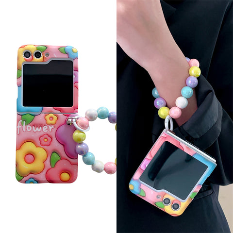 Cute Flower Painting Color Bead Chain Pendant Phone Case For Samsung Galaxy Z Flip