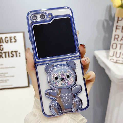 6D Candy Color Beads Bear Bracket Plating Transparent Case for Samsung Galaxy Z Flip 5/4/3 5G