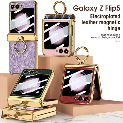 Magnetisches Scharnier Harte Beschichtung Ledertasche mit Ringhalter für Samsung Galaxy Z Flip 4 3 5G 