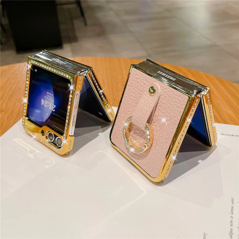 Luxury Plating Gold Bling Diamond Ring Holder Leather Case for Samsung Galaxy Z Flip 5/4/3 5G