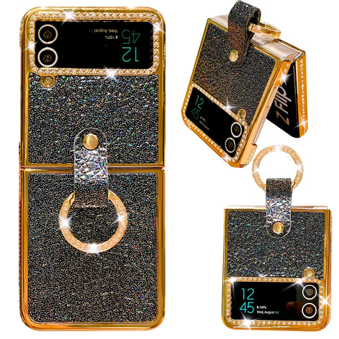 Luxus Plating Gold Bling Diamant Ringhalter Ledertasche für Samsung Galaxy Z Flip 5/4/3 5G