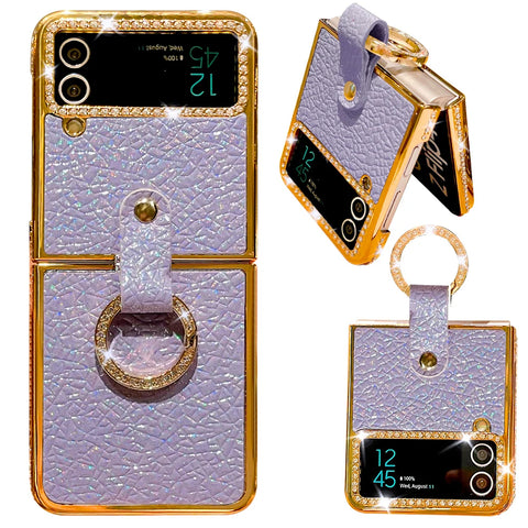 Luxury Plating Gold Bling Diamond Ring Holder Leather Case for Samsung Galaxy Z Flip 5/4/3 5G
