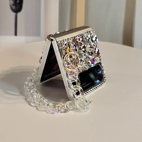 Luxus Diamanten Stoßfeste Faltbare Handyhülle mit Kettenhandschlaufe für Samsung Galaxy Z Flip