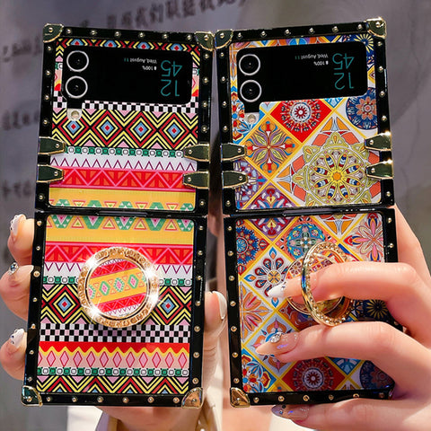 2023 Neueste Luxus Bohemian Faltbare Hülle mit Ringhalter für Samsung Galaxy Z Flip 4 3 5G 