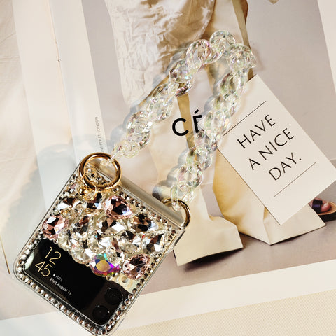 Luxus Diamanten Stoßfeste Faltbare Handyhülle mit Kettenhandschlaufe für Samsung Galaxy Z Flip