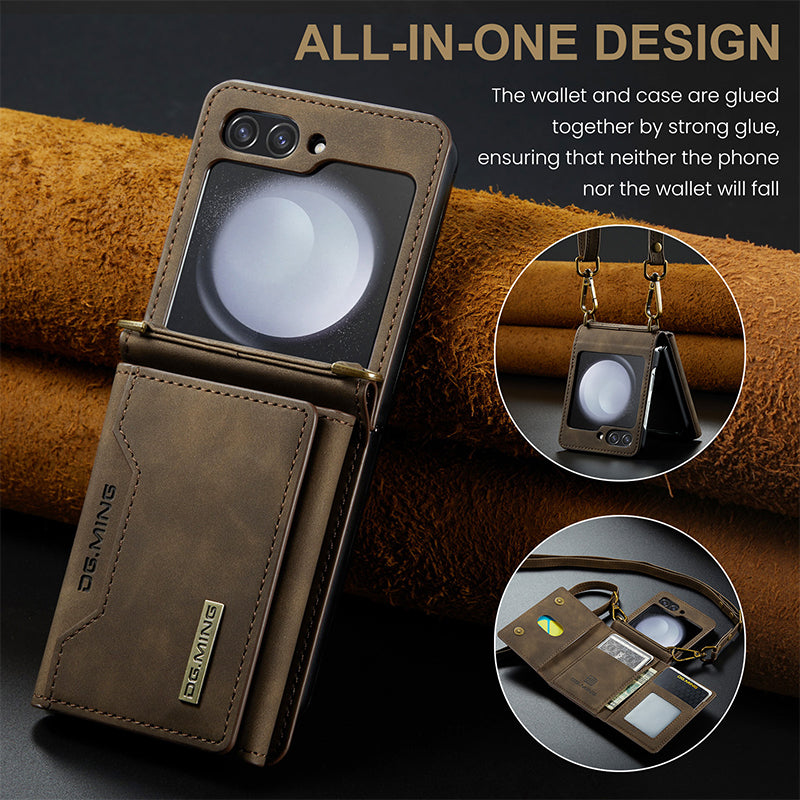 Retro Leather Magnetic Detachable Trifold Wallet Phone Case With Adjustable Crossbody Lanyard for Samsung Galaxy Z Flip