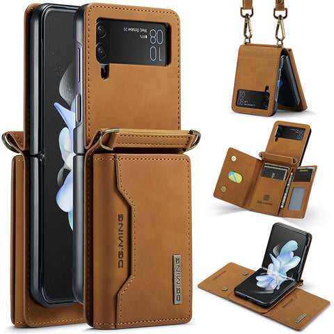 Retro Leather Magnetic Detachable Trifold Wallet Phone Case With Adjustable Crossbody Lanyard for Samsung Galaxy Z Flip