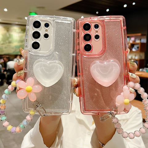 2023 Newest Clear Heart Bracket Soap Case For Samsung With Bead flower Bracelet