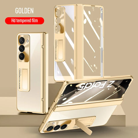 Electroplated Transparent Bracket Folding Hinge With Tempered Film Shockproof Protective Cover For Samsung Galaxy Z Fold 3 4 5 5G