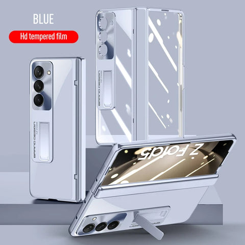 Electroplated Transparent Bracket Folding Hinge With Tempered Film Shockproof Protective Cover For Samsung Galaxy Z Fold 3 4 5 5G
