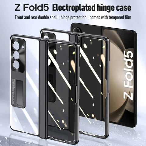 Galvanisierte transparente Halterung, Klappscharnier mit gehärteter Folie, stoßfeste Schutzhülle für Samsung Galaxy Z Fold 3 4 5 5G 