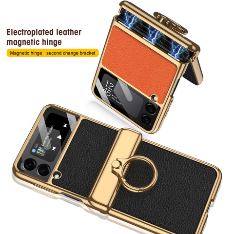 Magnetisches Scharnier Harte Beschichtung Ledertasche mit Ringhalter für Samsung Galaxy Z Flip 4 3 5G 