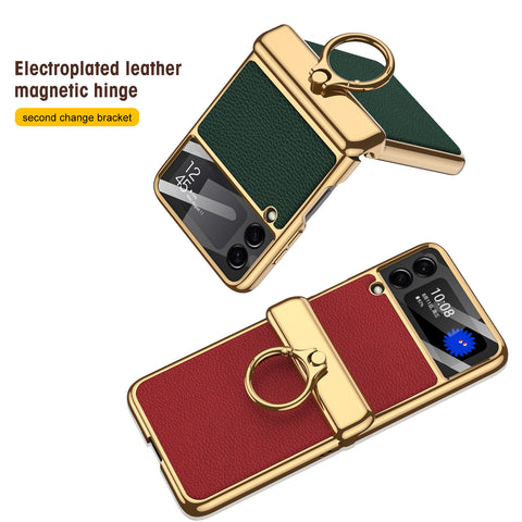 Magnetic Hinge Hard Plating Leather Case with Ring Holder for Samsung Galaxy Z Flip 4 3 5G