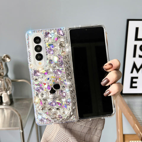 Luxuriöse, stoßfeste Handyhülle mit Totenkopf-Motiv und Kettenhandschlaufe für Samsung Galaxy Z Fold 4 3 5G 